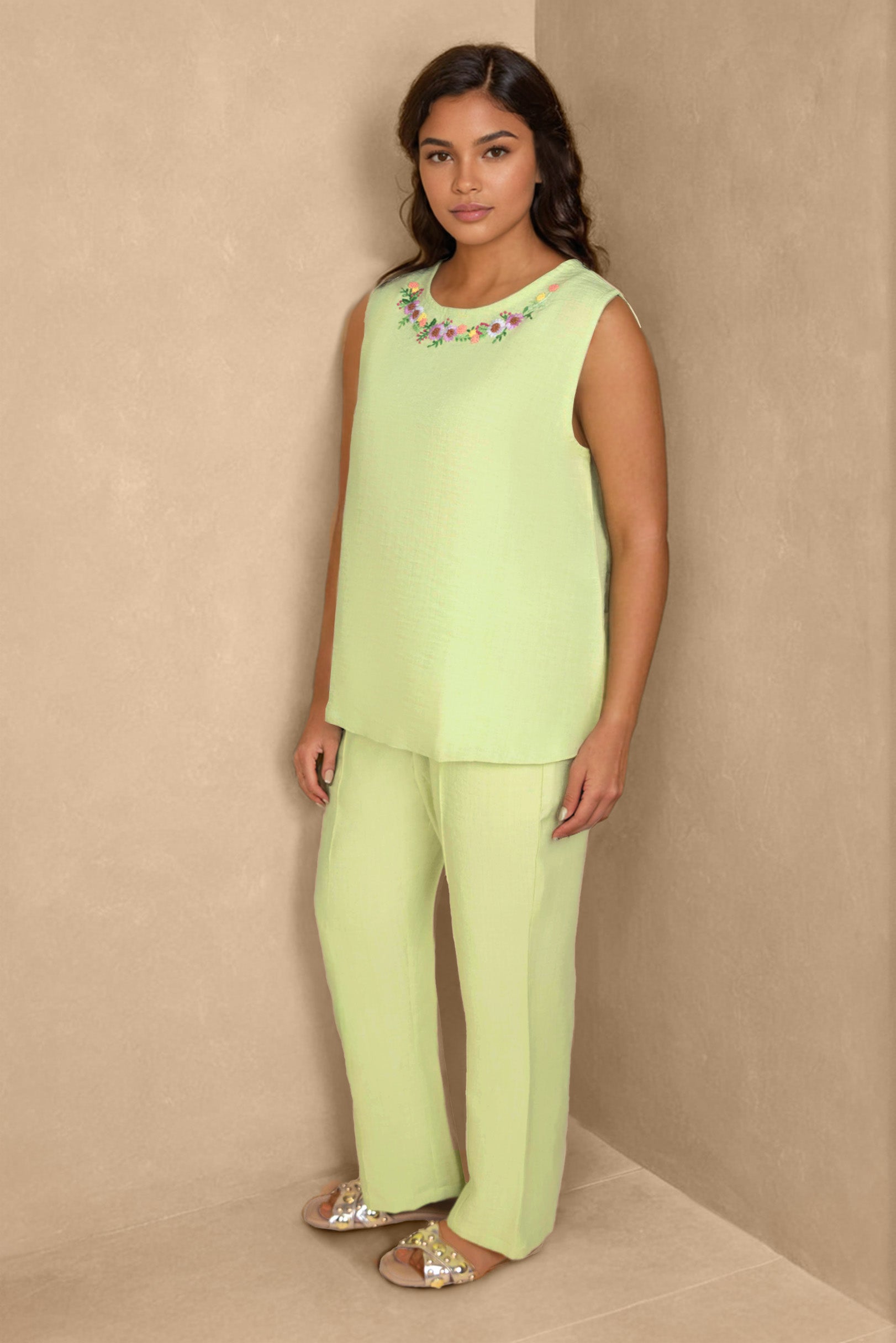 Lime Green Linen Co-ord Set with Neckline Floral Embroidery