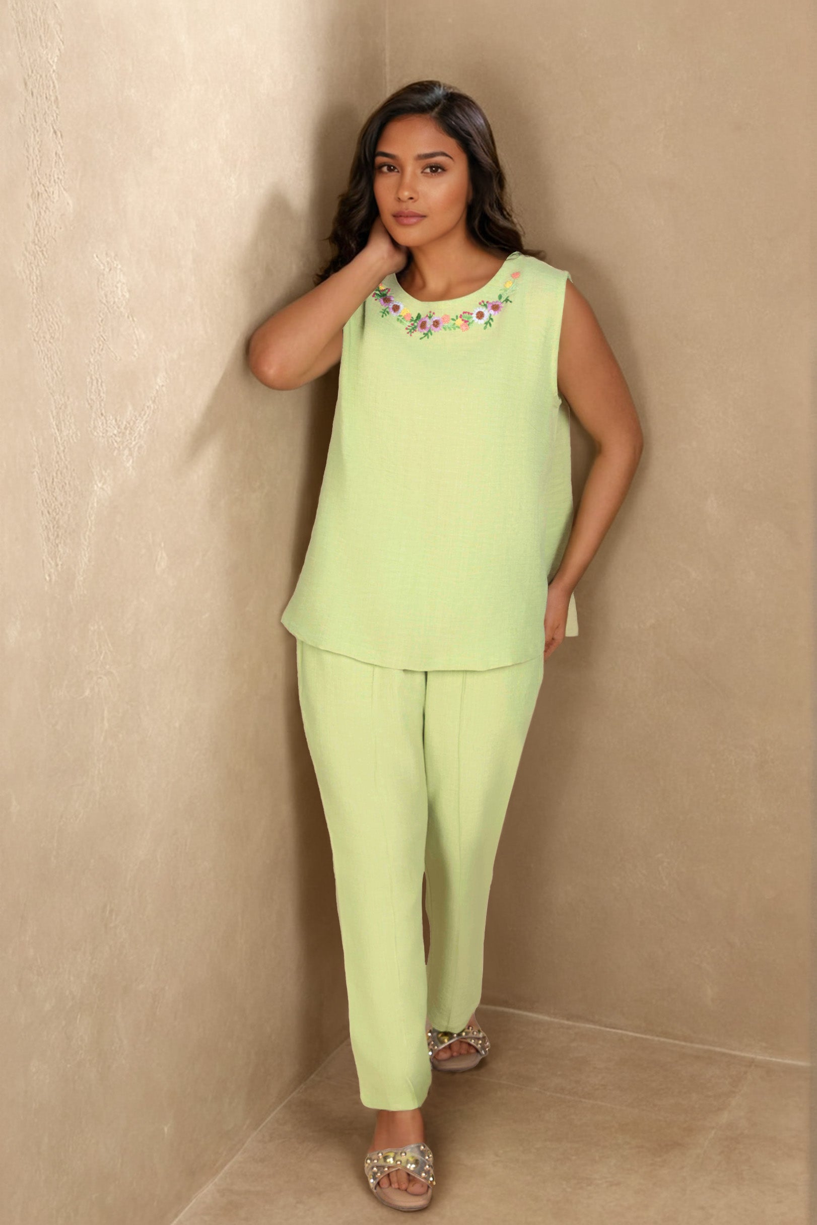 Lime Green Linen Co-ord Set with Neckline Floral Embroidery