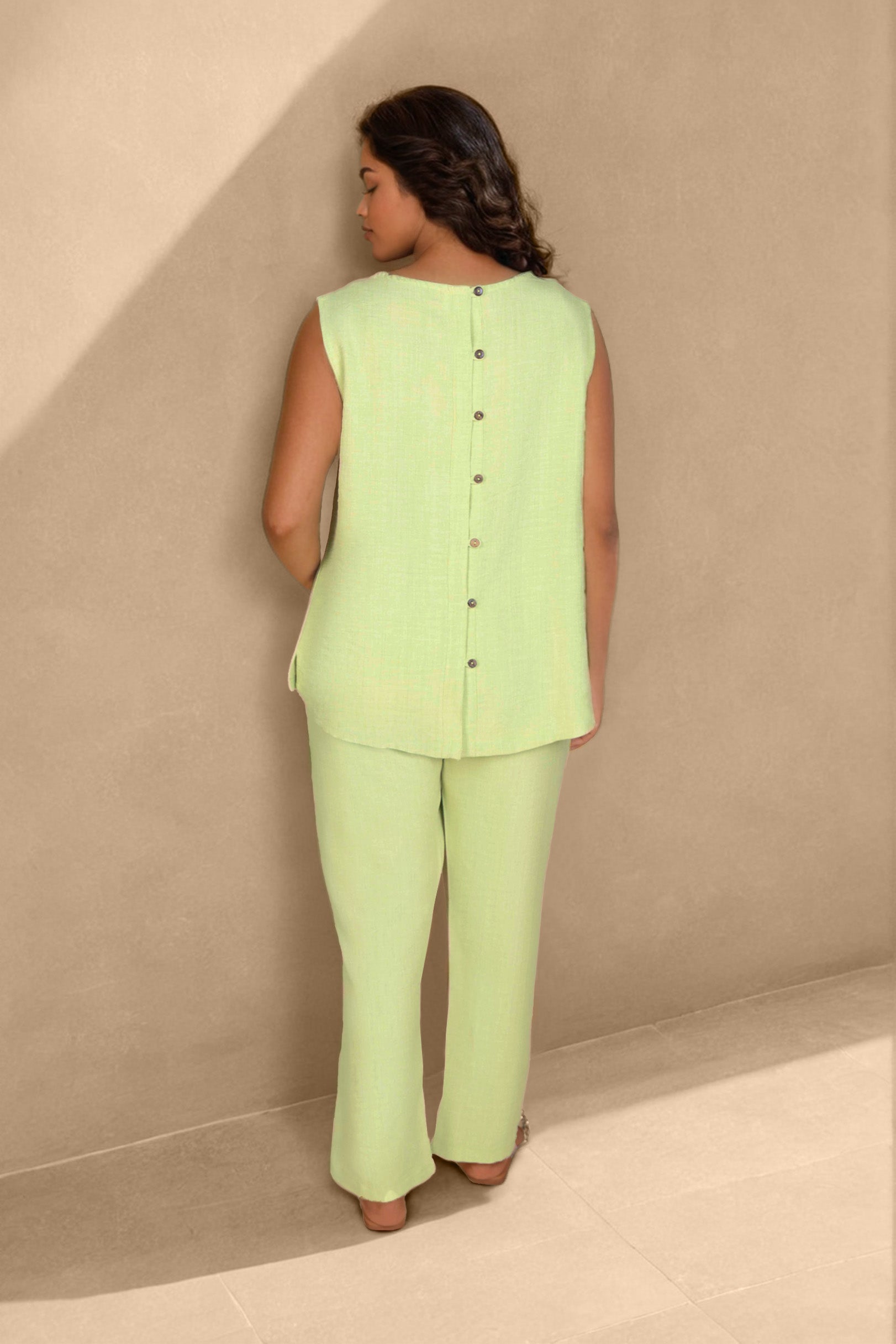 Lime Green Linen Co-ord Set with Neckline Floral Embroidery