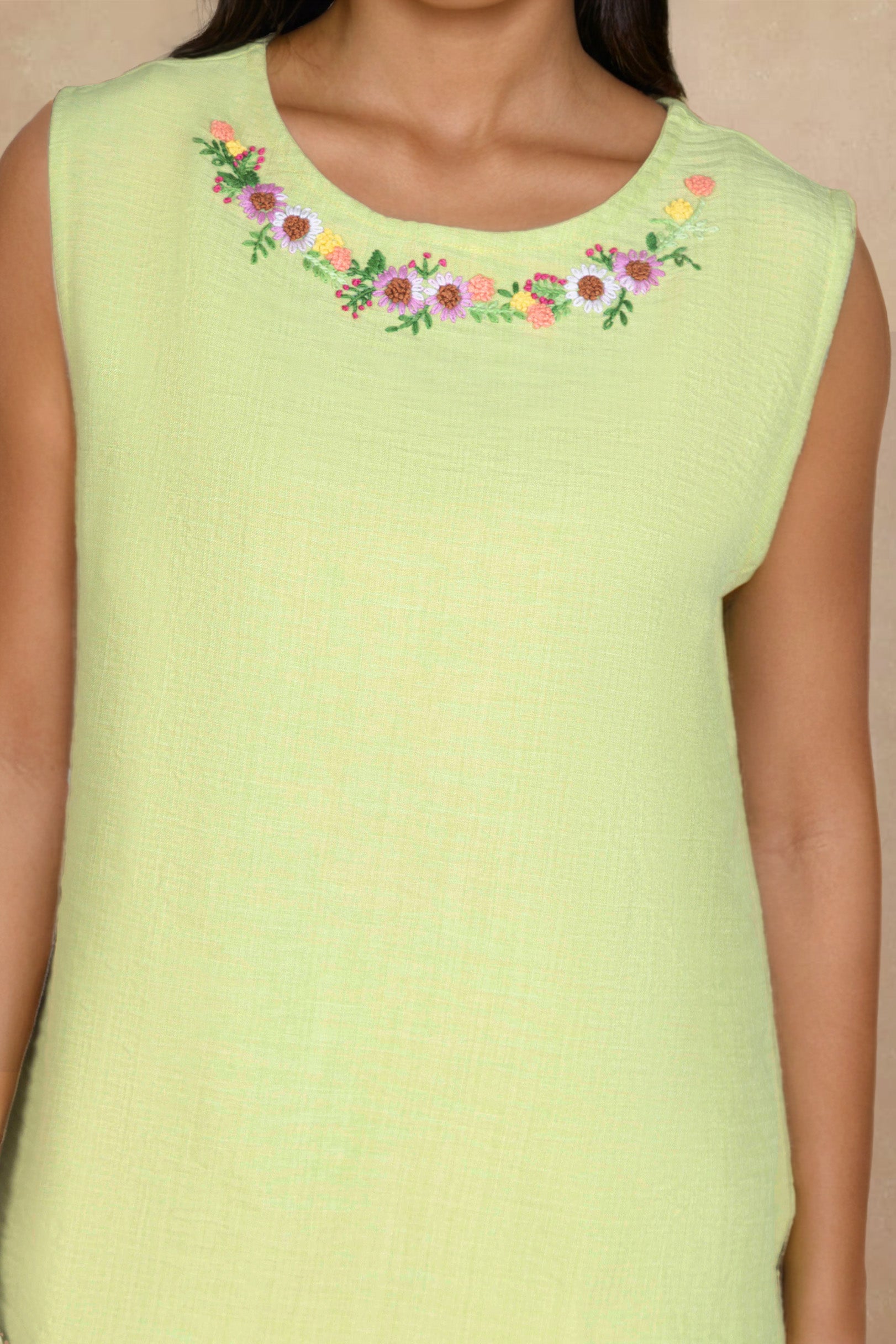 Lime Green Linen Co-ord Set with Neckline Floral Embroidery