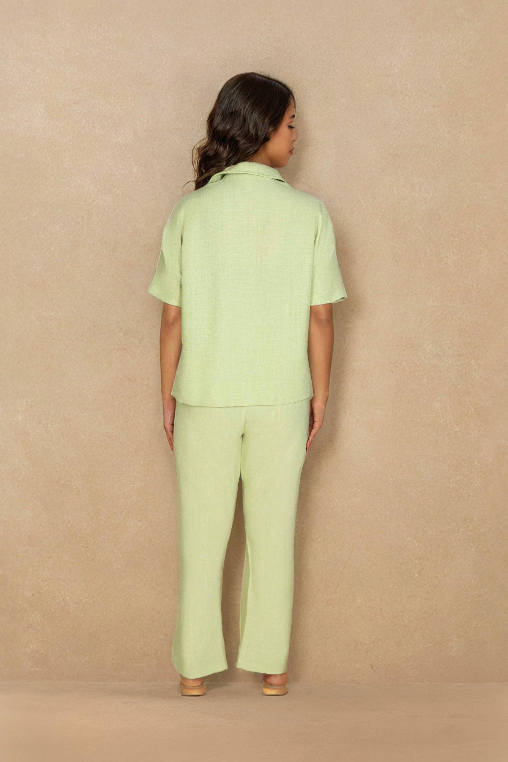 Lime Green Linen Co-ord Set with Collar Embroidery