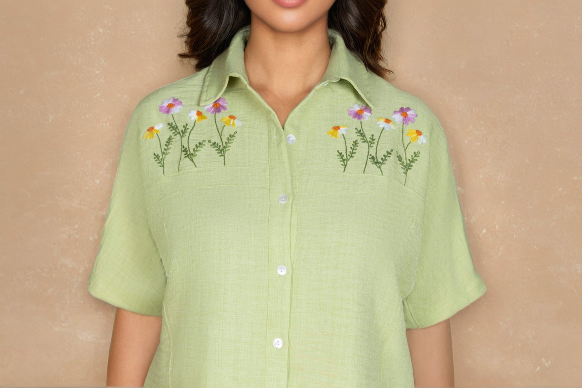 Lime Green Linen Co-ord Set with Collar Embroidery