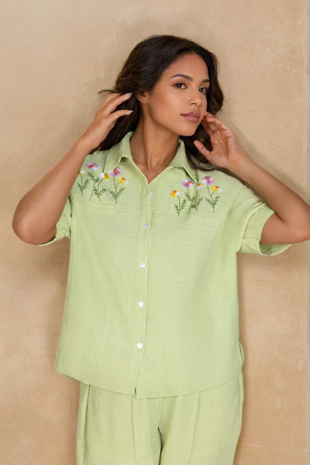 Lime Green Linen Co-ord Set with Collar Embroidery