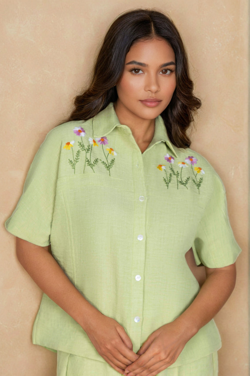 Lime Green Linen Co-ord Set with Collar Embroidery