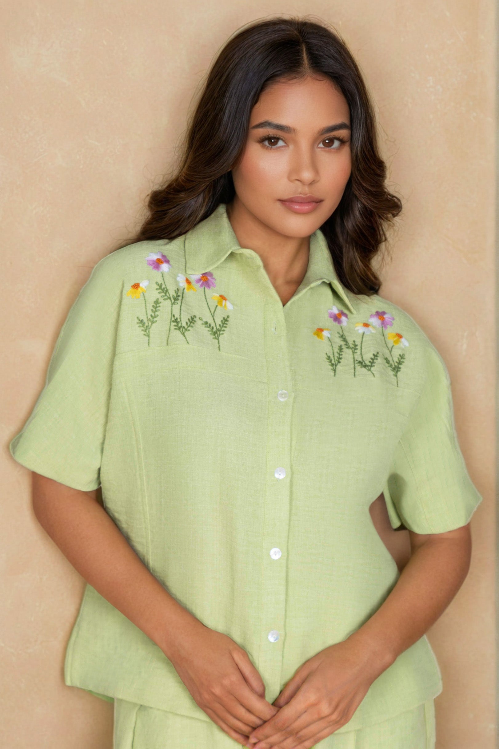 Lime Green Linen Co-ord Set with Collar Embroidery