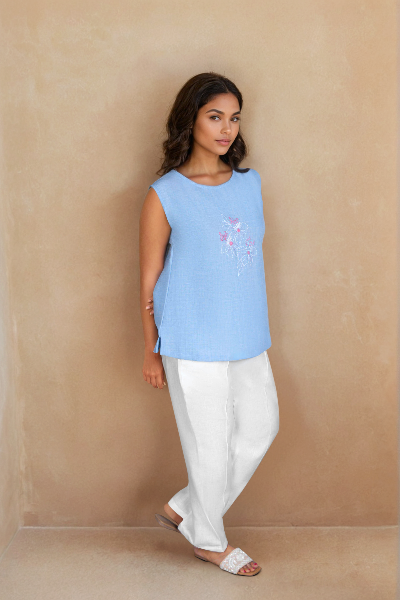 Sky Blue Linen Top with White Pants – Floral Embroidered