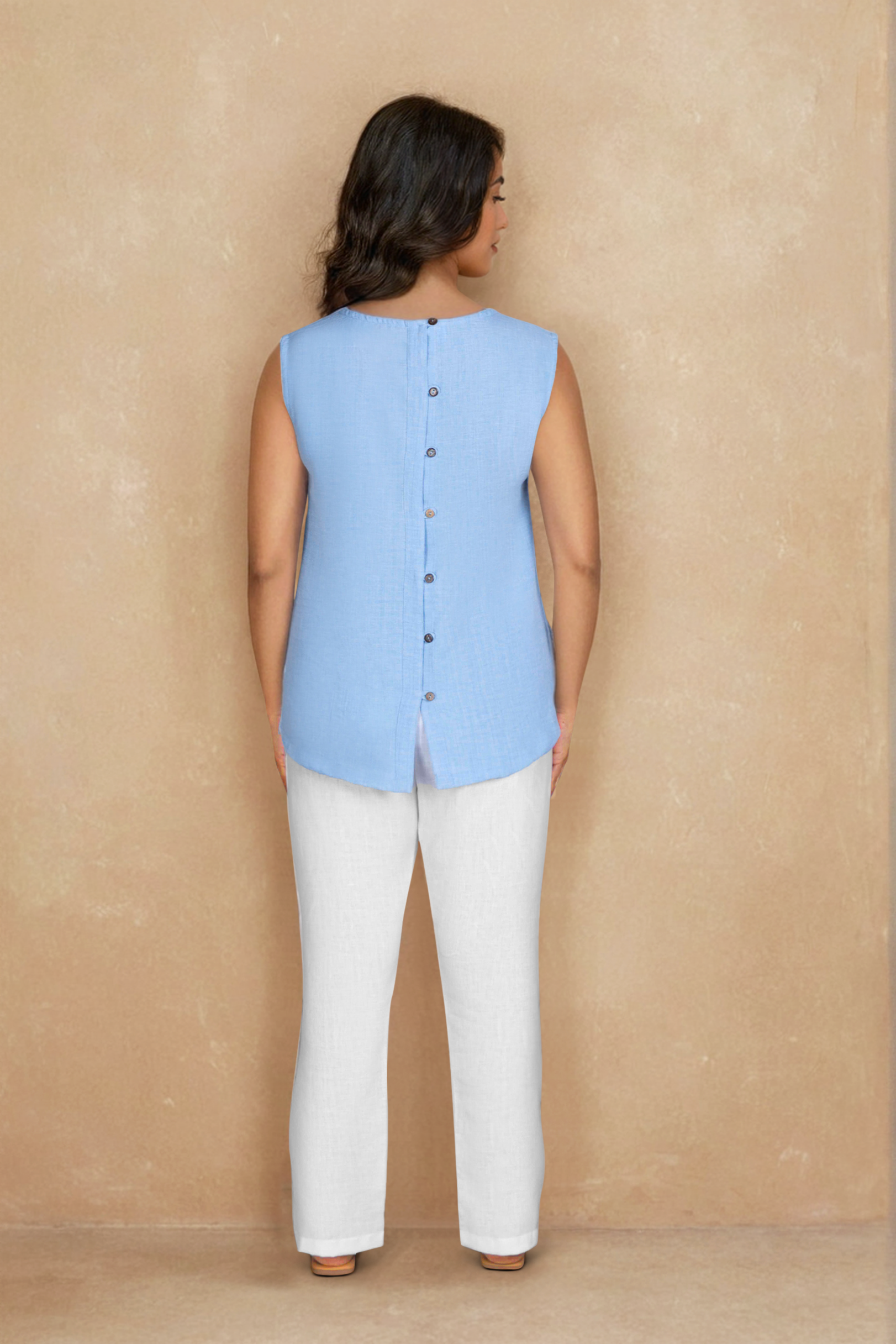 Sky Blue Linen Top with White Pants – Floral Embroidered
