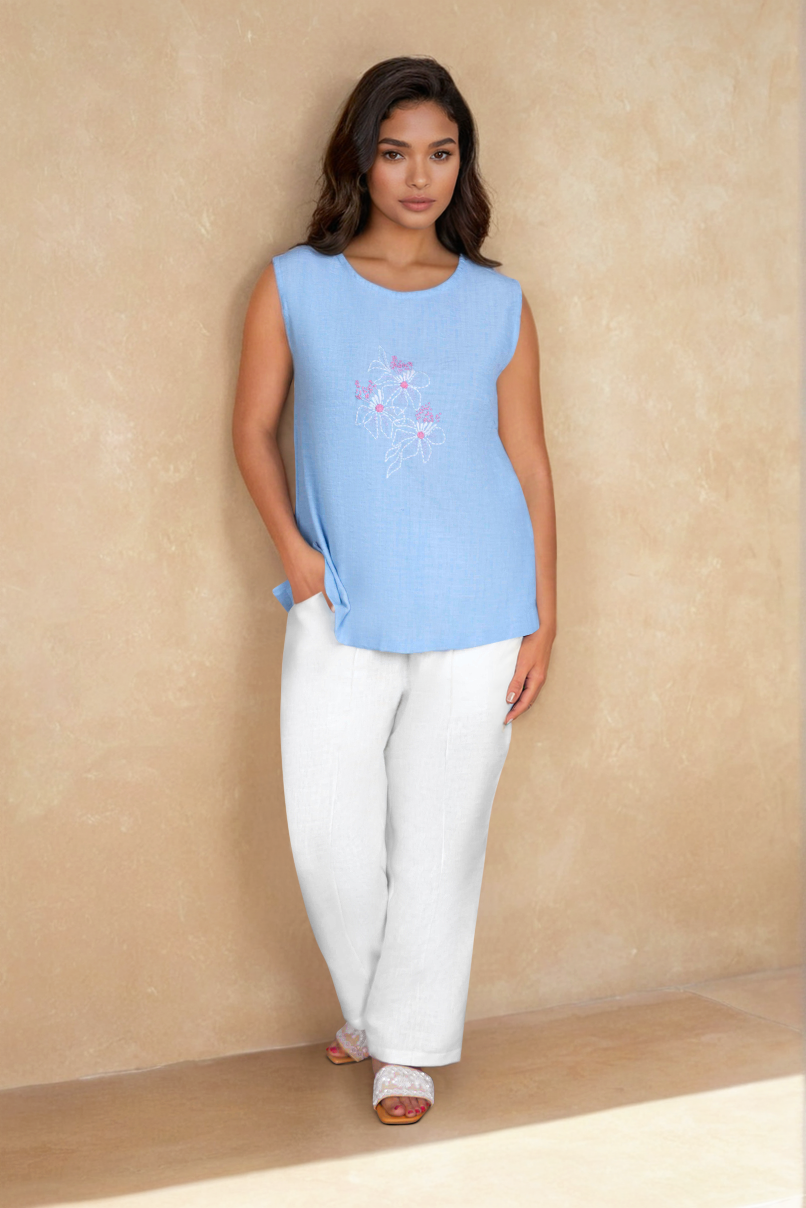 Sky Blue Linen Top with White Pants – Floral Embroidered