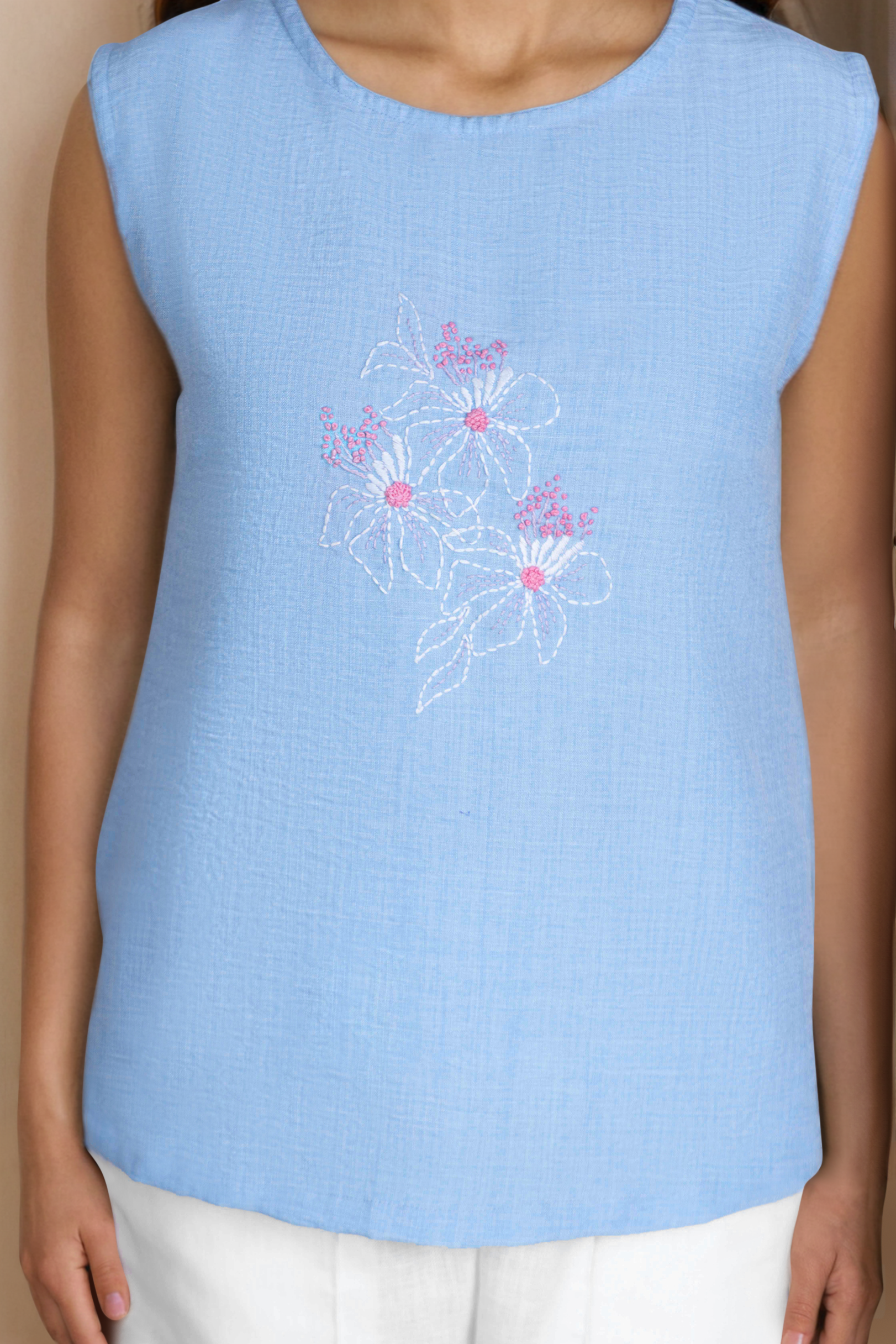 Sky Blue Linen Top with White Pants – Floral Embroidered