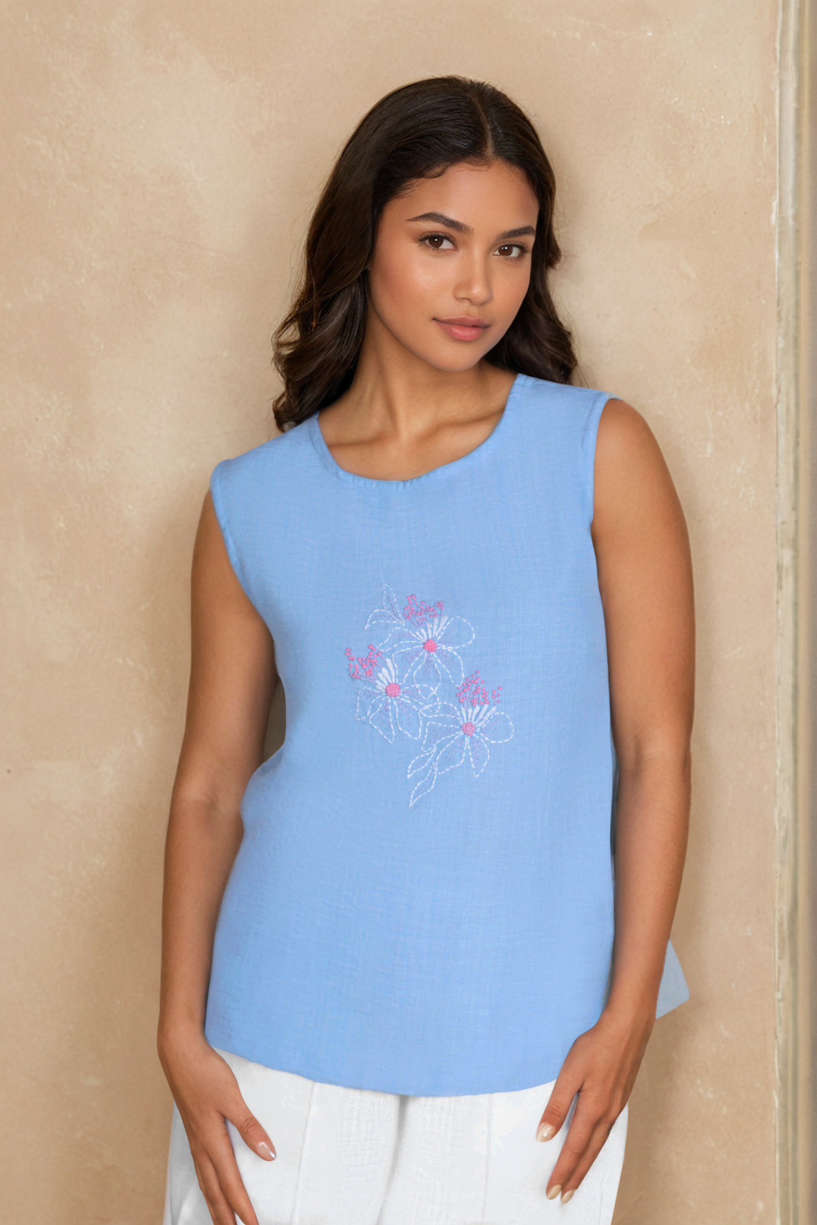 Sky Blue Linen Top with White Pants – Floral Embroidered