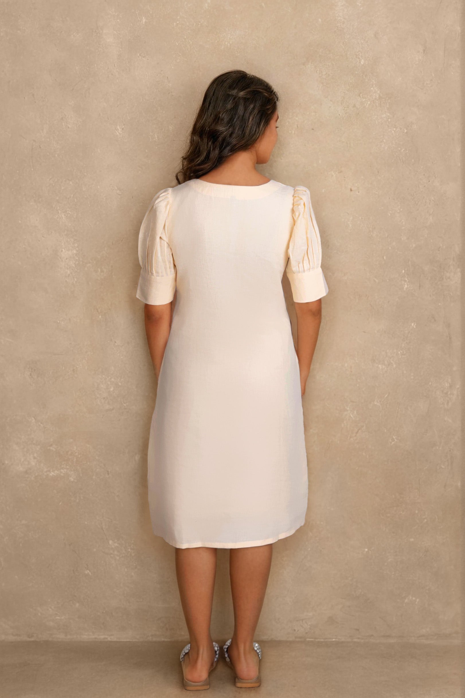 Beige Linen Midi Dress with Subtle Embroidery