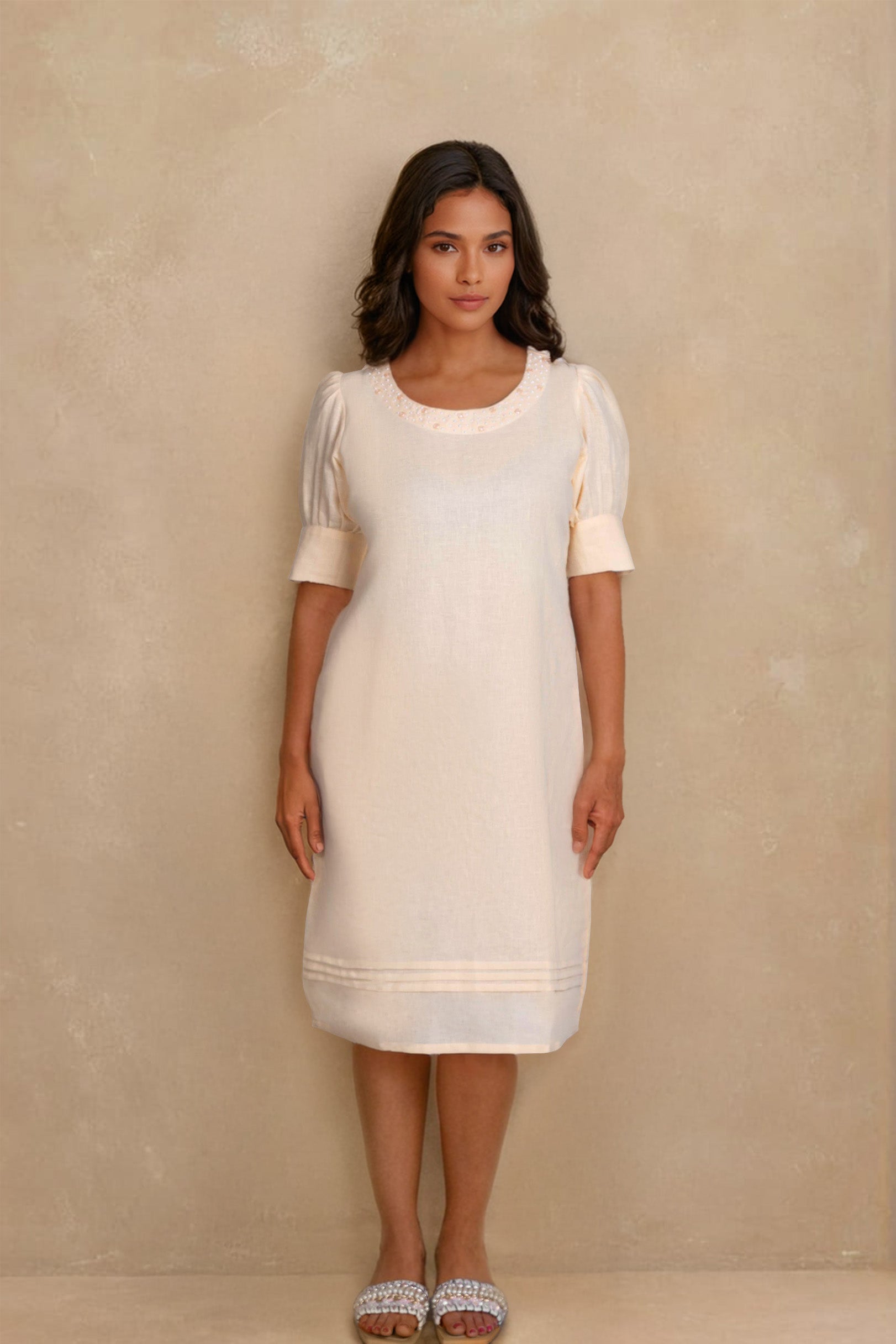 Beige Linen Midi Dress with Subtle Embroidery