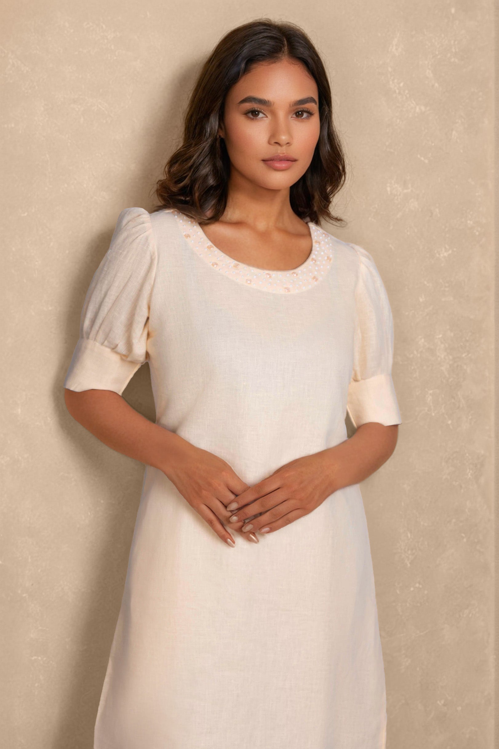 Beige Linen Midi Dress with Subtle Embroidery