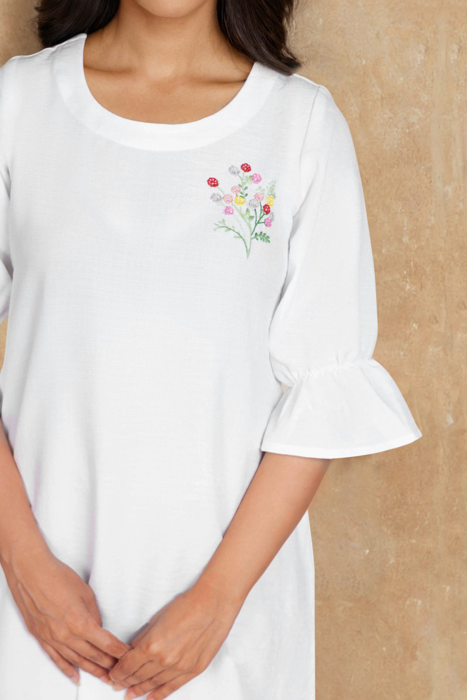 White Linen Midi Dress with Sleeve Frill and Embroidery