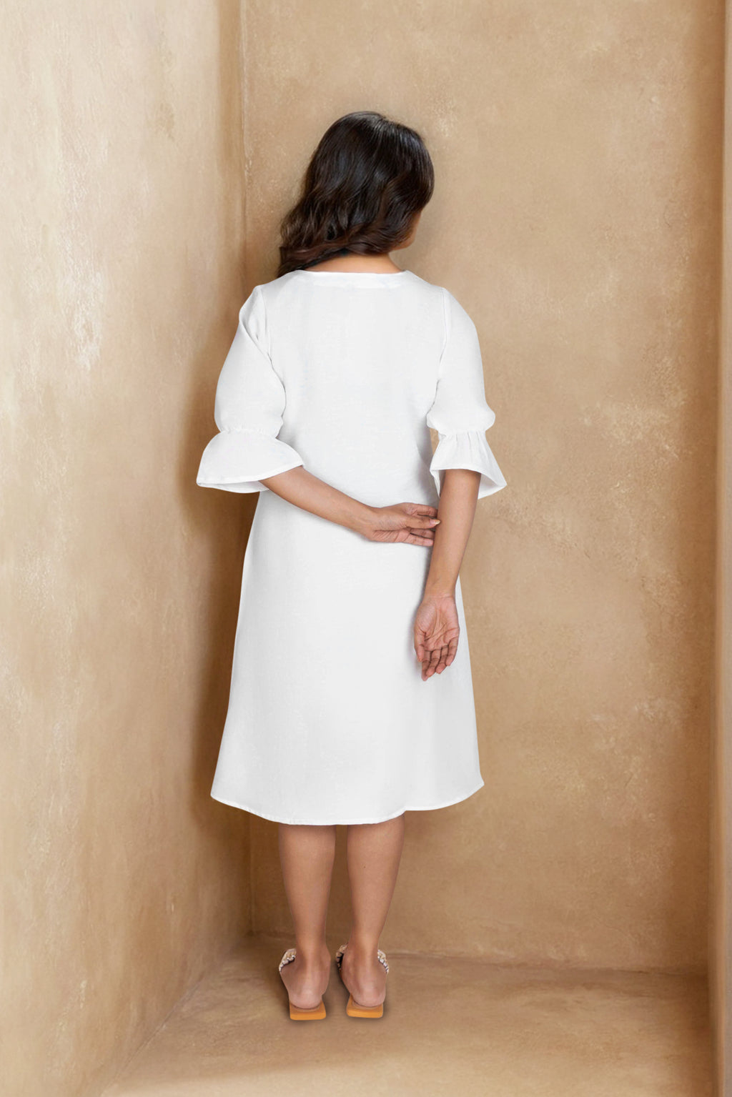 White Linen Midi Dress with Sleeve Frill and Embroidery