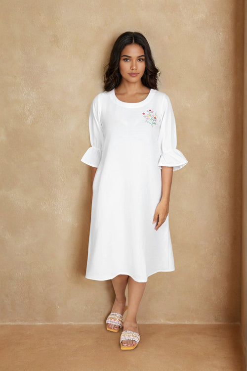 White Linen Midi Dress with Sleeve Frill and Embroidery