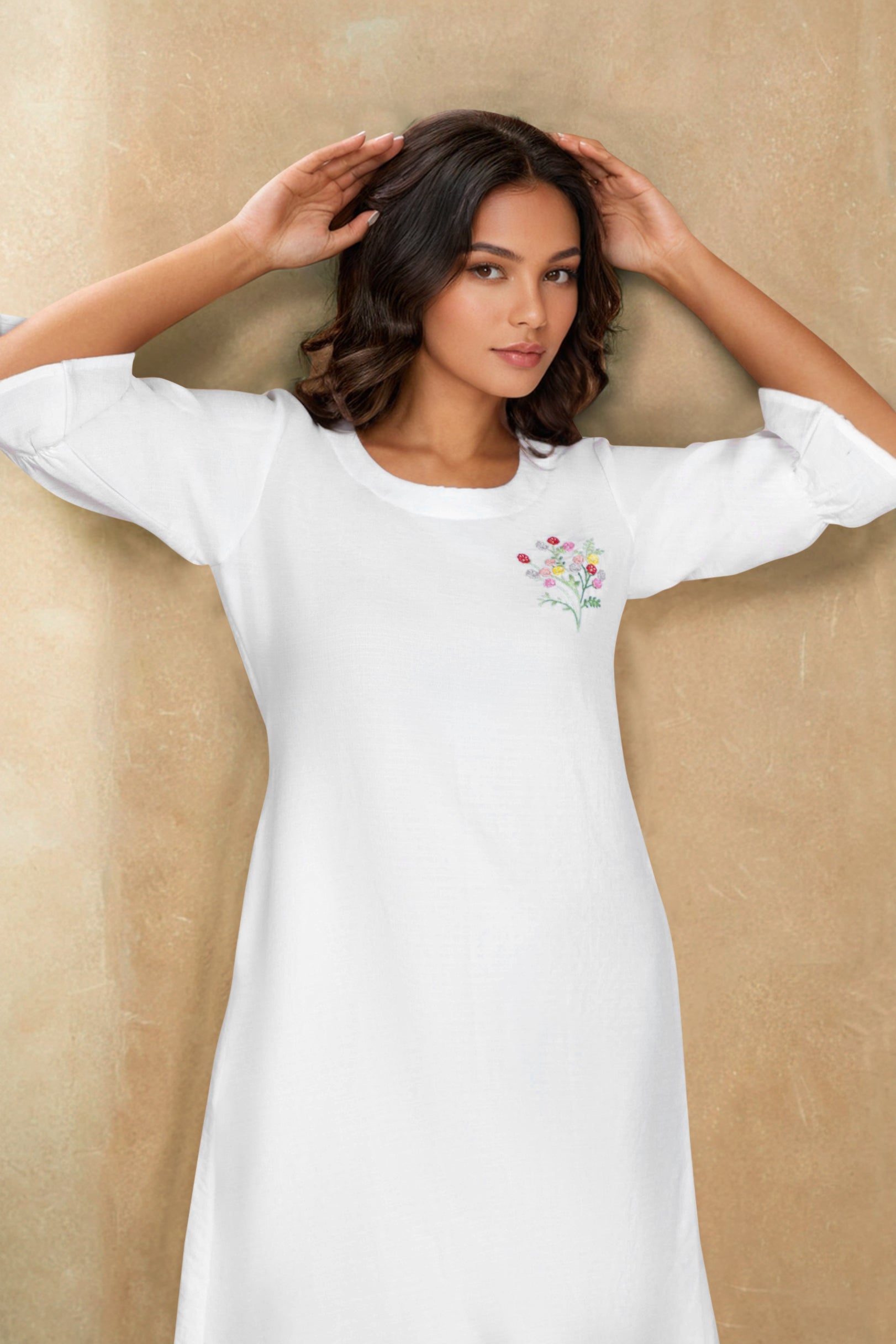 White Linen Midi Dress with Sleeve Frill and Embroidery