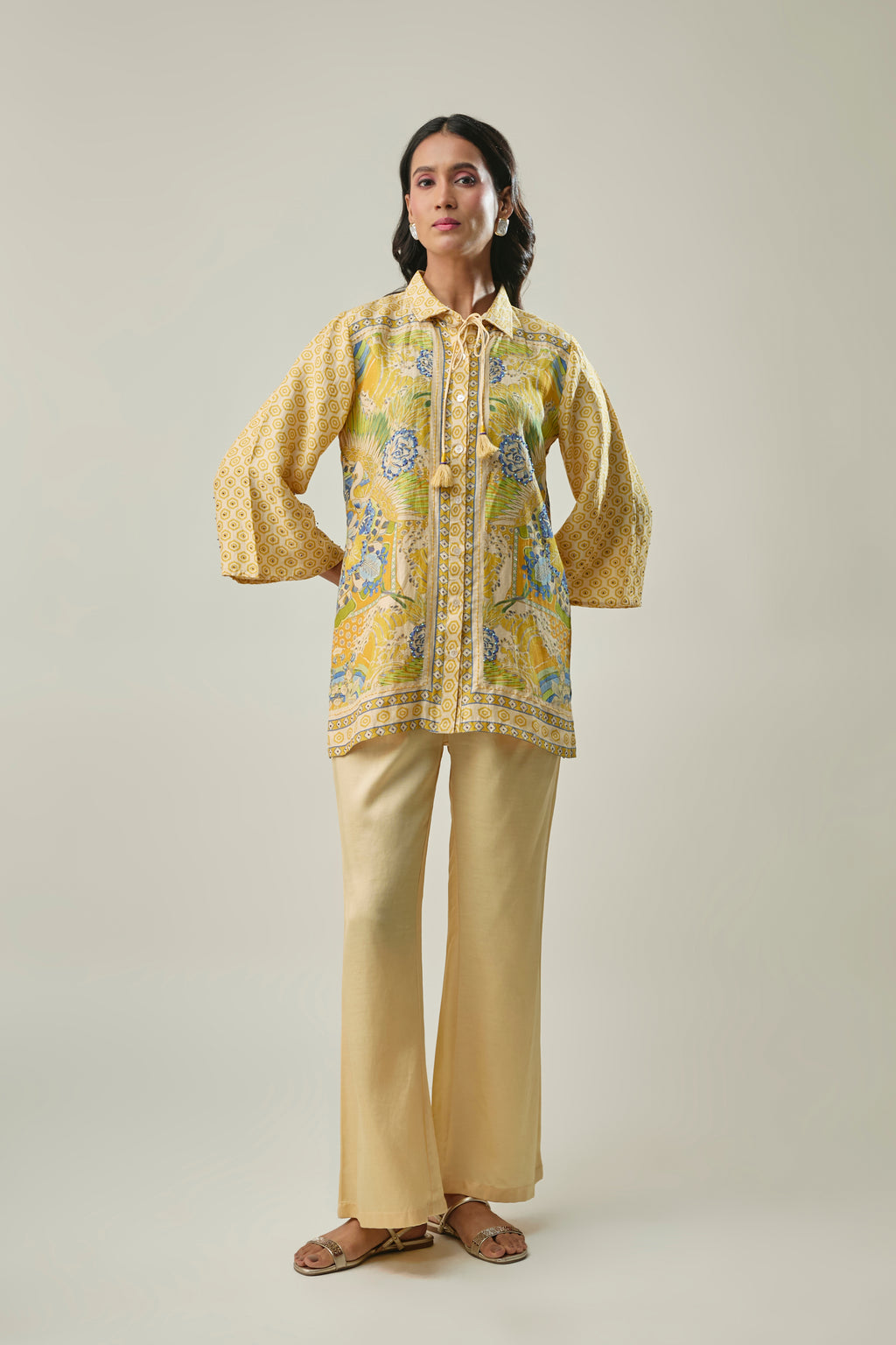 Yellow Floral Printed Co-ord Set with Bead Embroidery