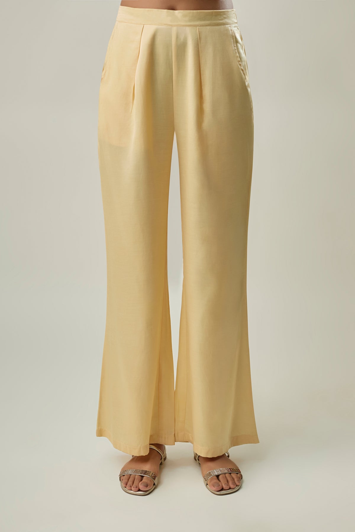 Yellow Satin Linen Co-Ord Set With Foral print Handwork Bead Embroidery