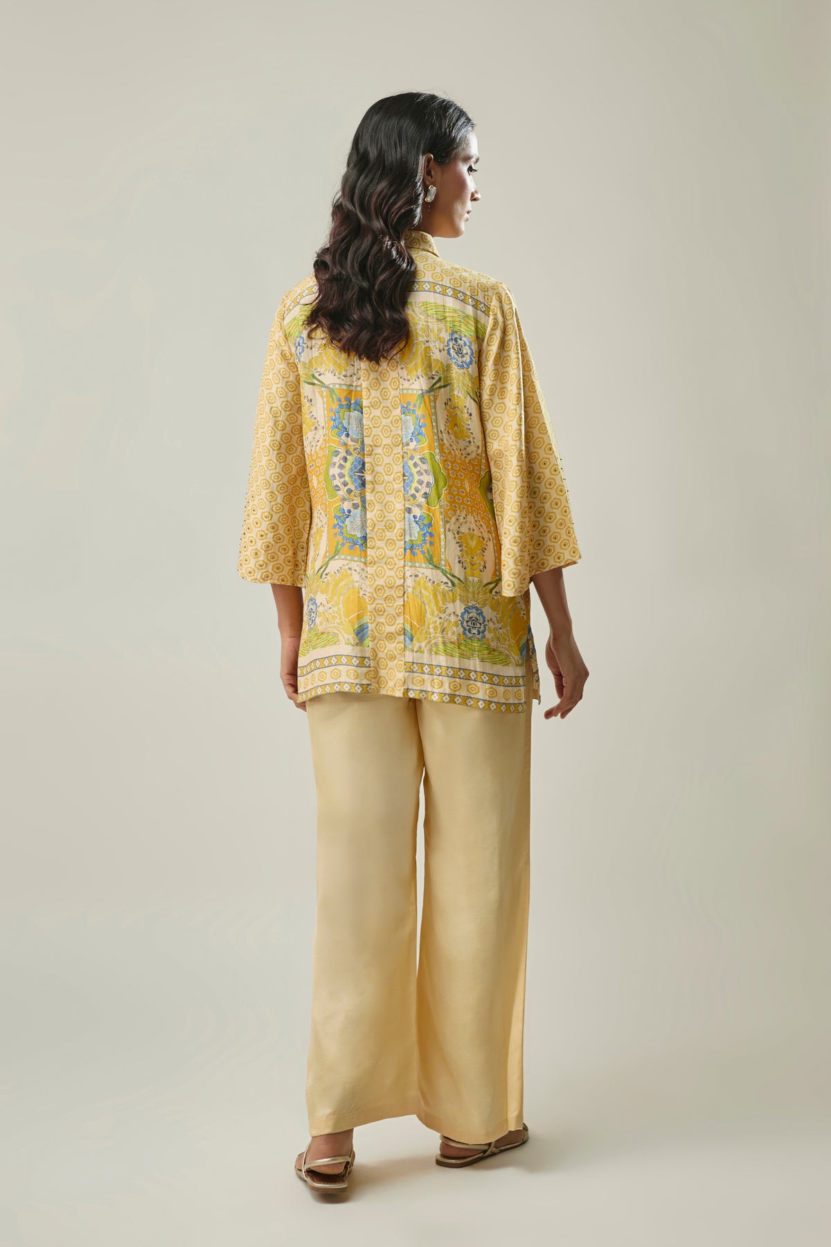 Yellow Satin Linen Co-Ord Set With Foral print Handwork Bead Embroidery