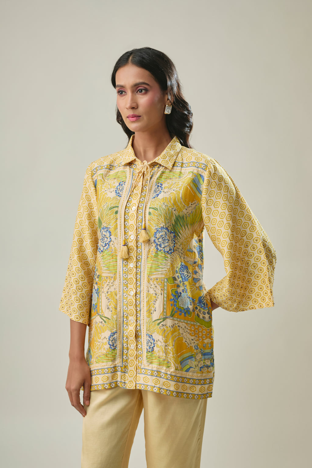 Yellow Floral Printed Co-ord Set with Bead Embroidery