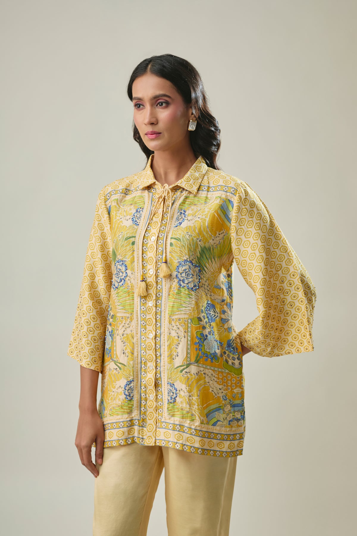 Yellow Satin Linen Co-Ord Set With Foral print Handwork Bead Embroidery
