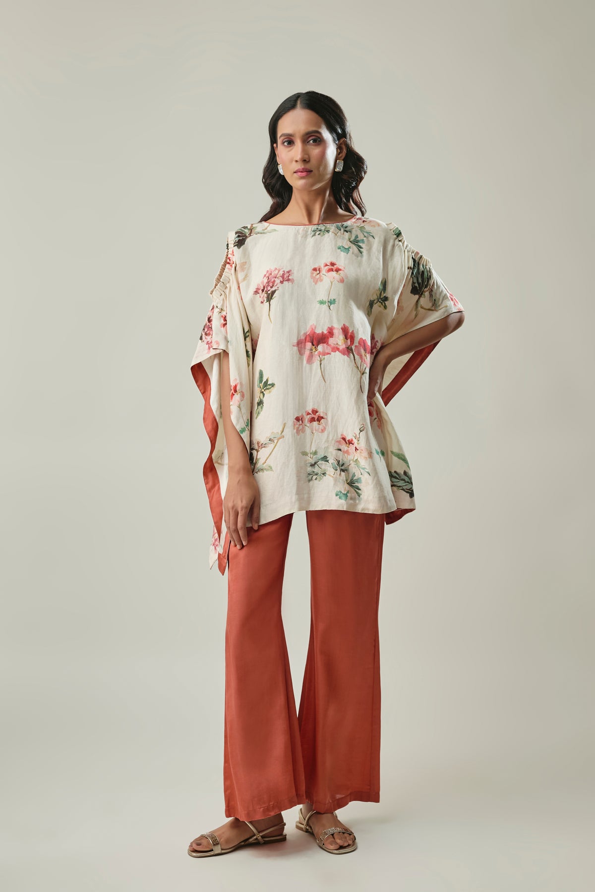 Ivory and Rust Satin Linen Co-Ord Set Floral Print