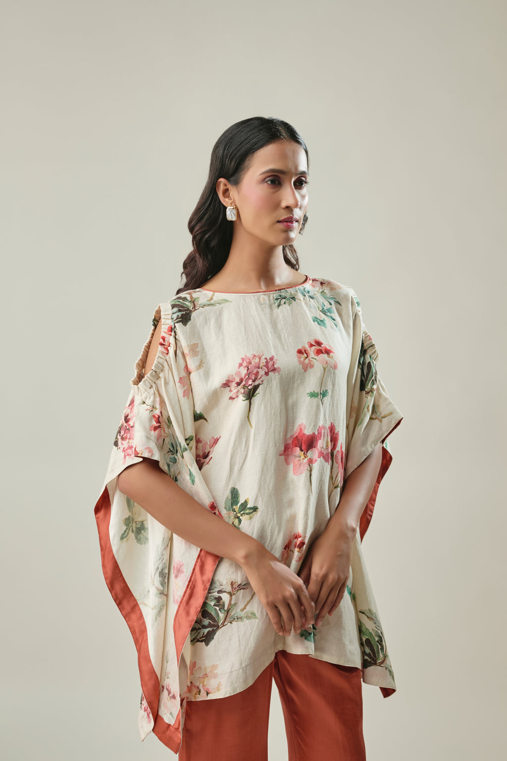 Ivory & Rust satin linen co-ord set front view