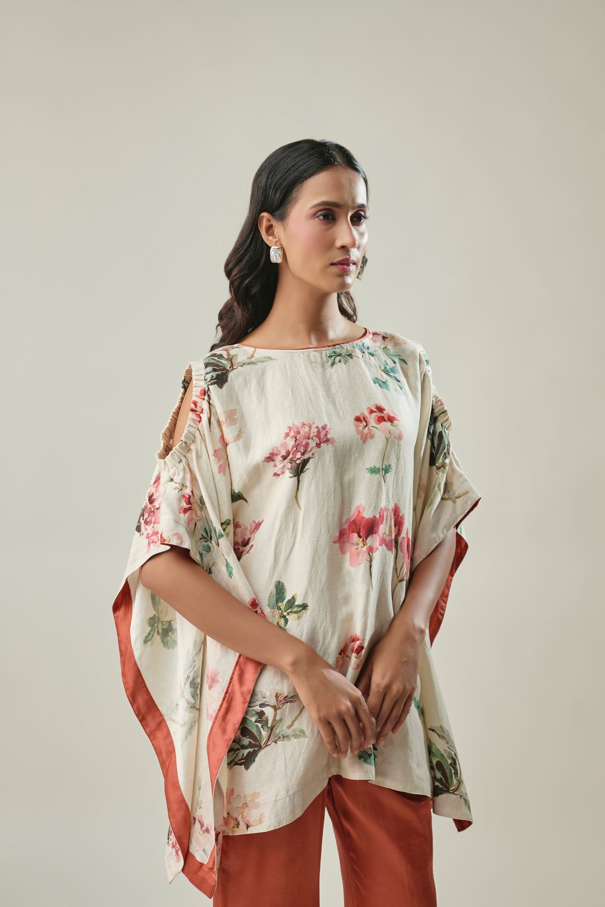 Ivory & Rust satin linen co-ord set front view