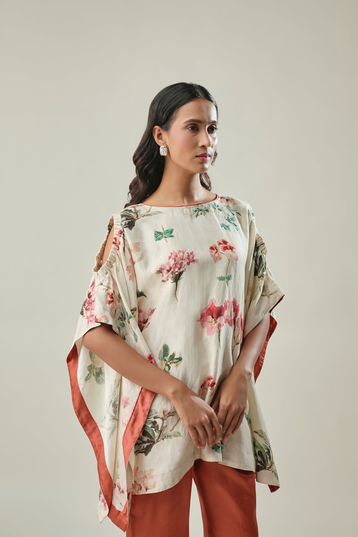 Ivory and Rust Satin Linen Co-Ord Set Floral Print