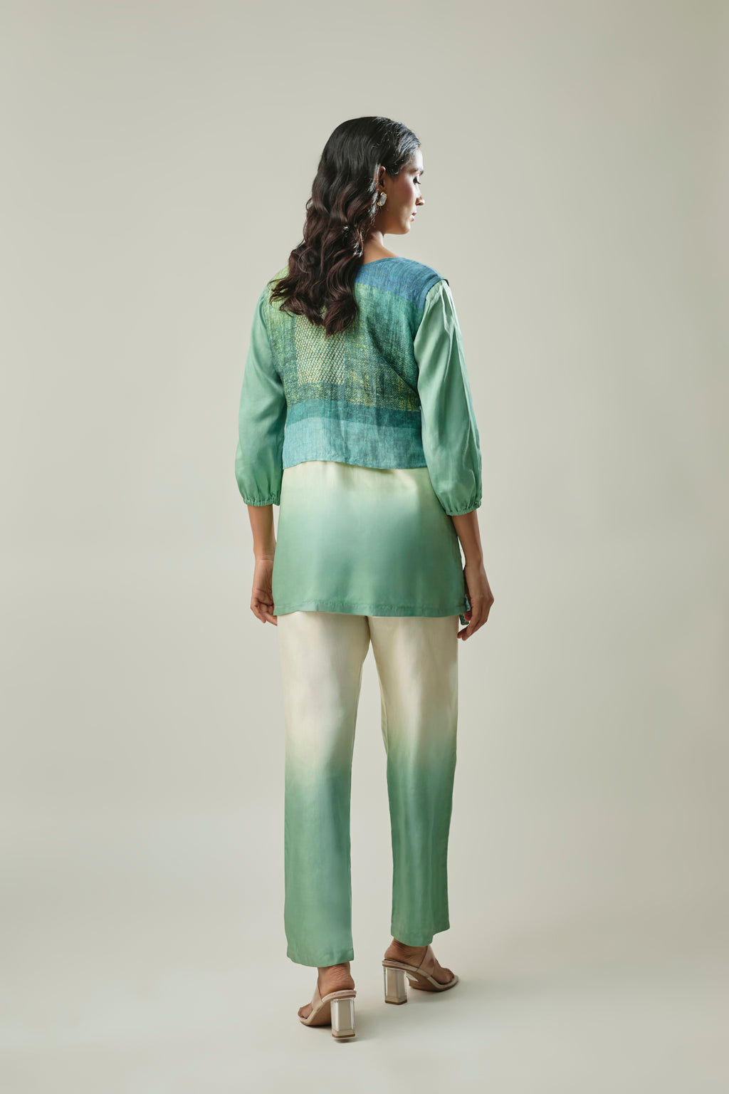 Sage Green and Ivory Satin Linen 3-Piece Cord Set Floral embroidery