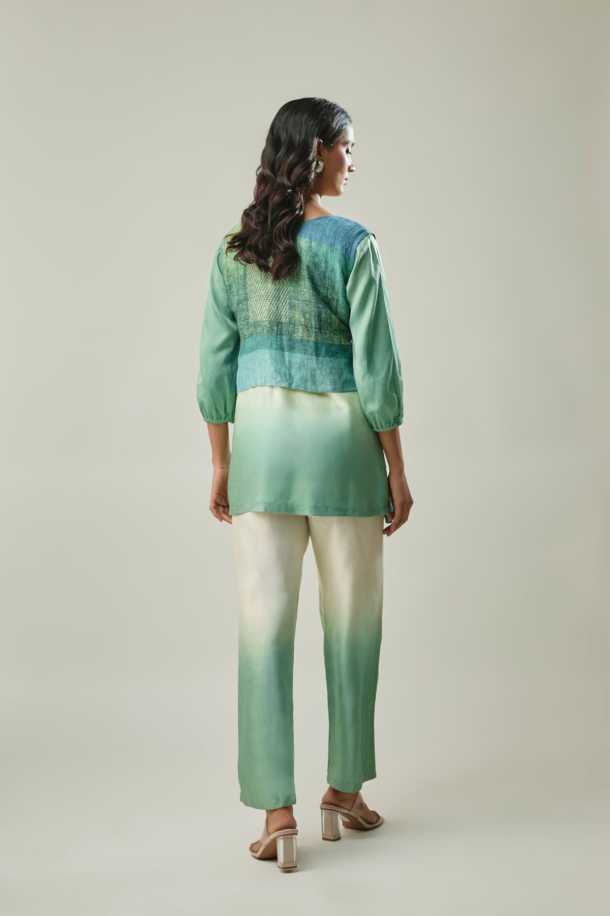 Sage Green and Ivory Satin Linen 3-Piece Cord Set Floral embroidery