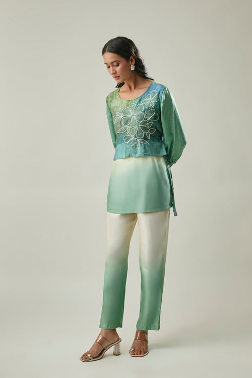Sage Green and Ivory Satin Linen 3-Piece Cord Set Floral embroidery