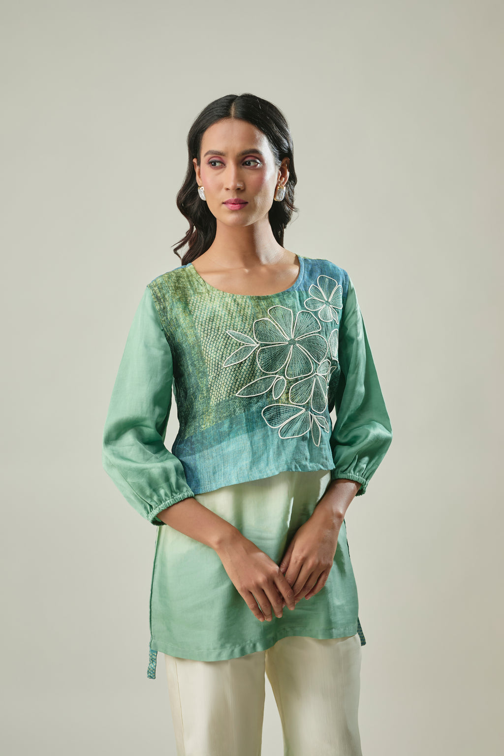 Sage Green and Ivory Satin Linen 3-Piece Cord Set Floral embroidery