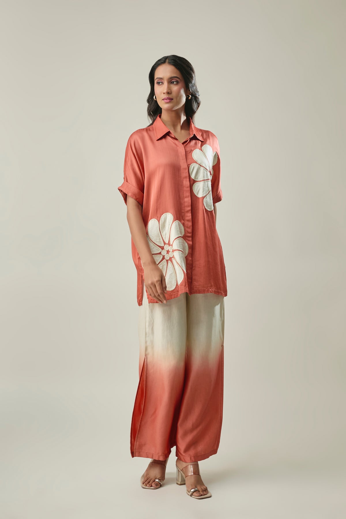 Rust & Ivory satin linen co-ord set front view