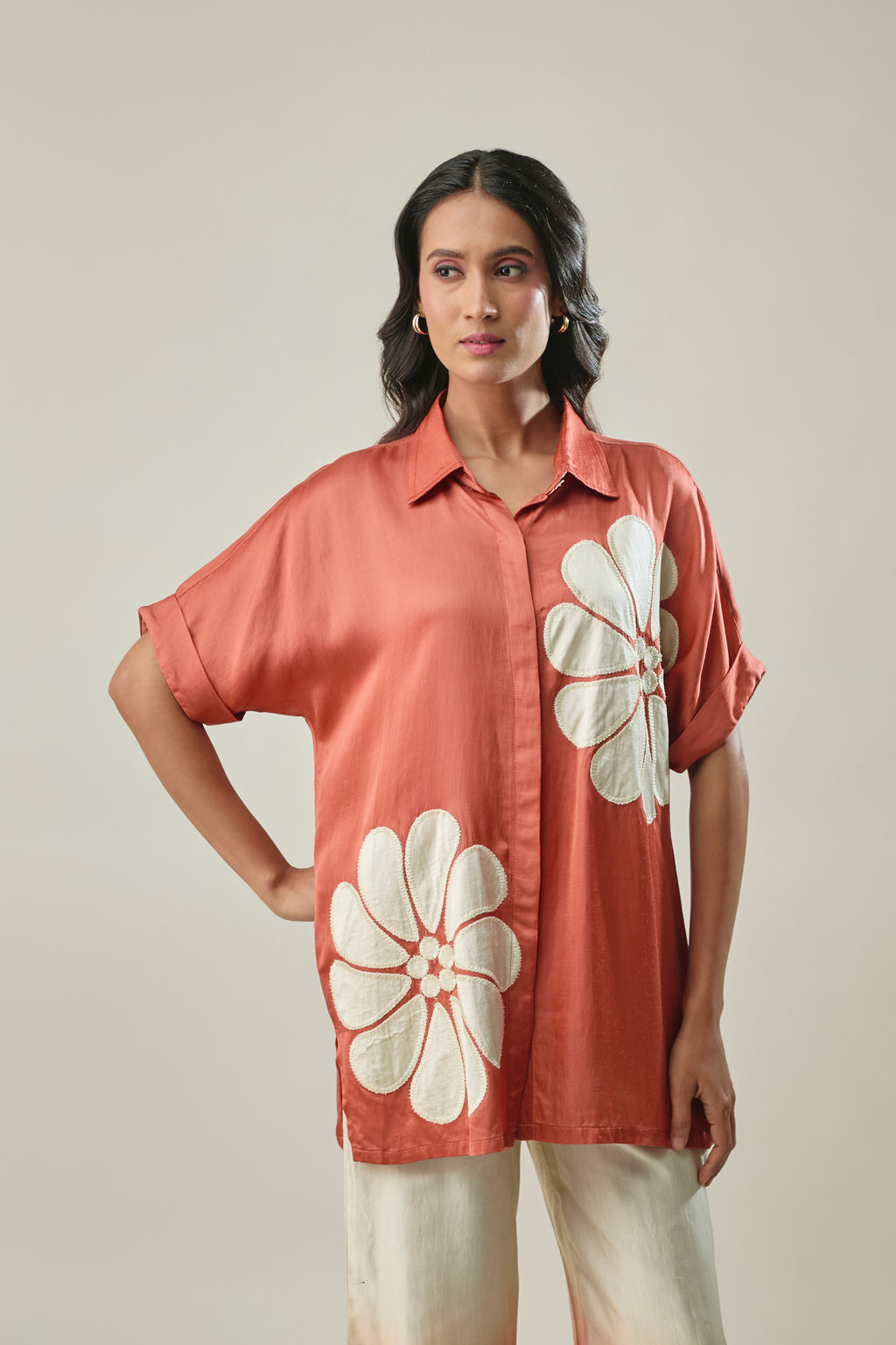 Rust & Ivory co-ord set ivory appliqué floral motifs detail