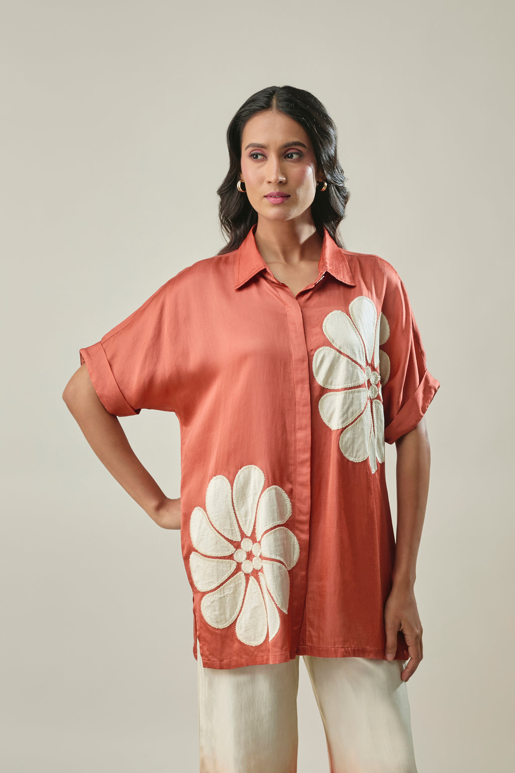 Rust and Ivory Satin Linen Co-Ord Set With applique floral embroidery