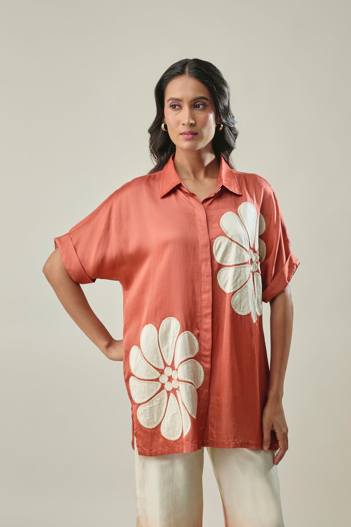 Rust and Ivory Satin Linen Co-Ord Set With applique floral embroidery