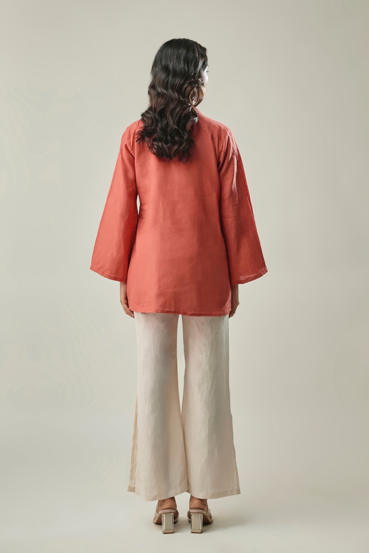 Rust and Ivory Pure Linen Co-Ord Set straight-cut top with a V-neck