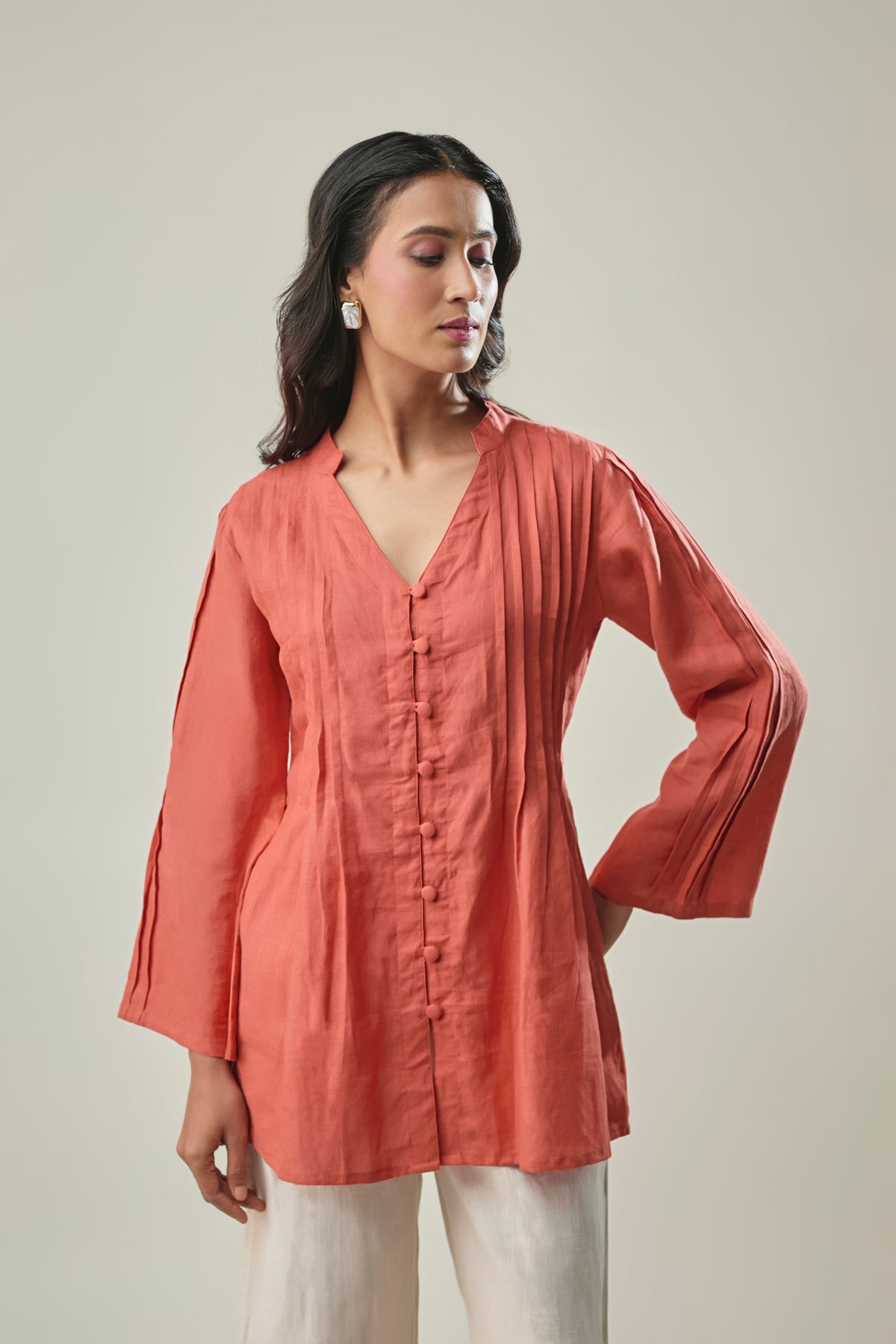 Rust and Ivory Pure Linen Co-Ord Set straight-cut top with a V-neck