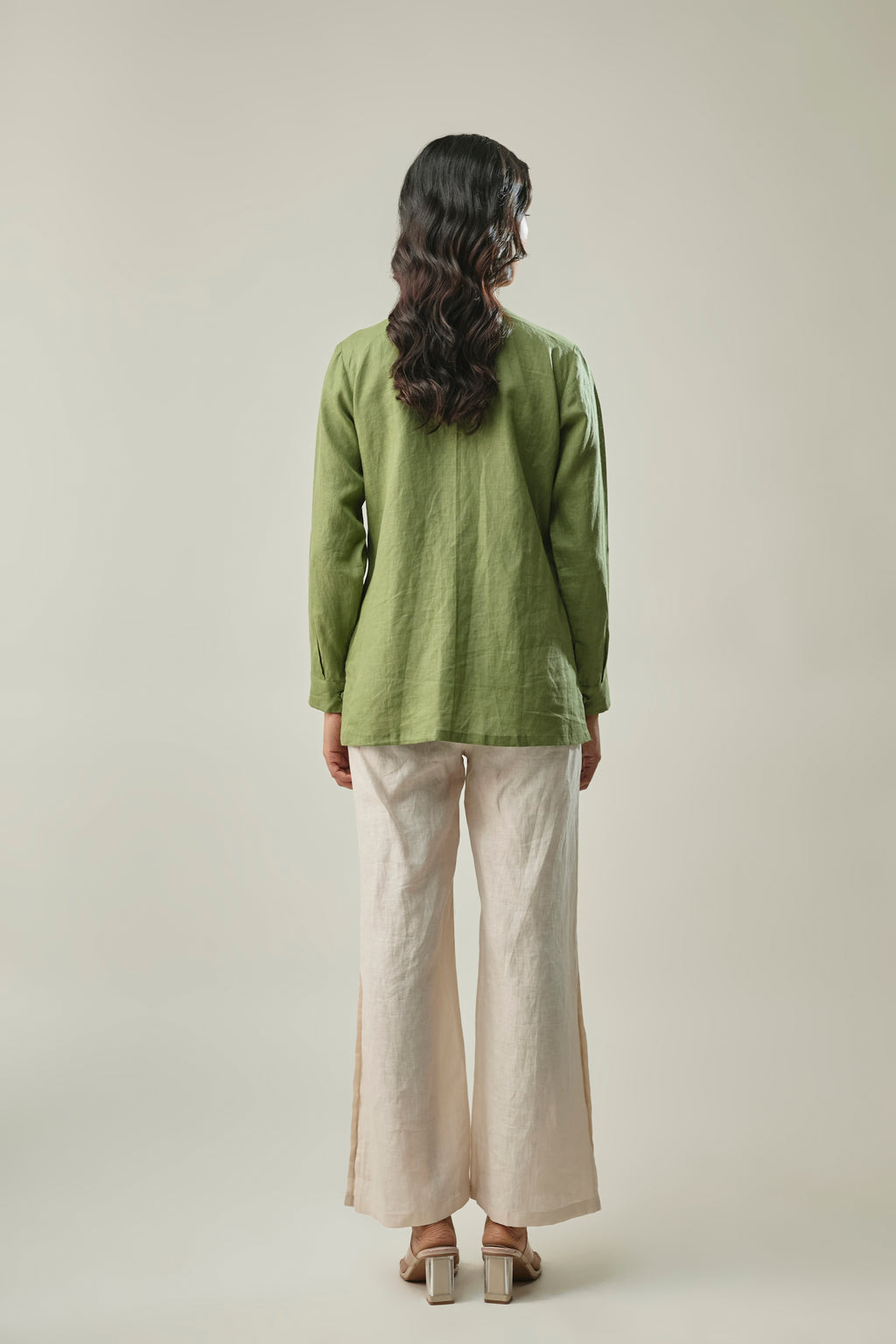 Model wearing green & ivory pure linen co-ord set