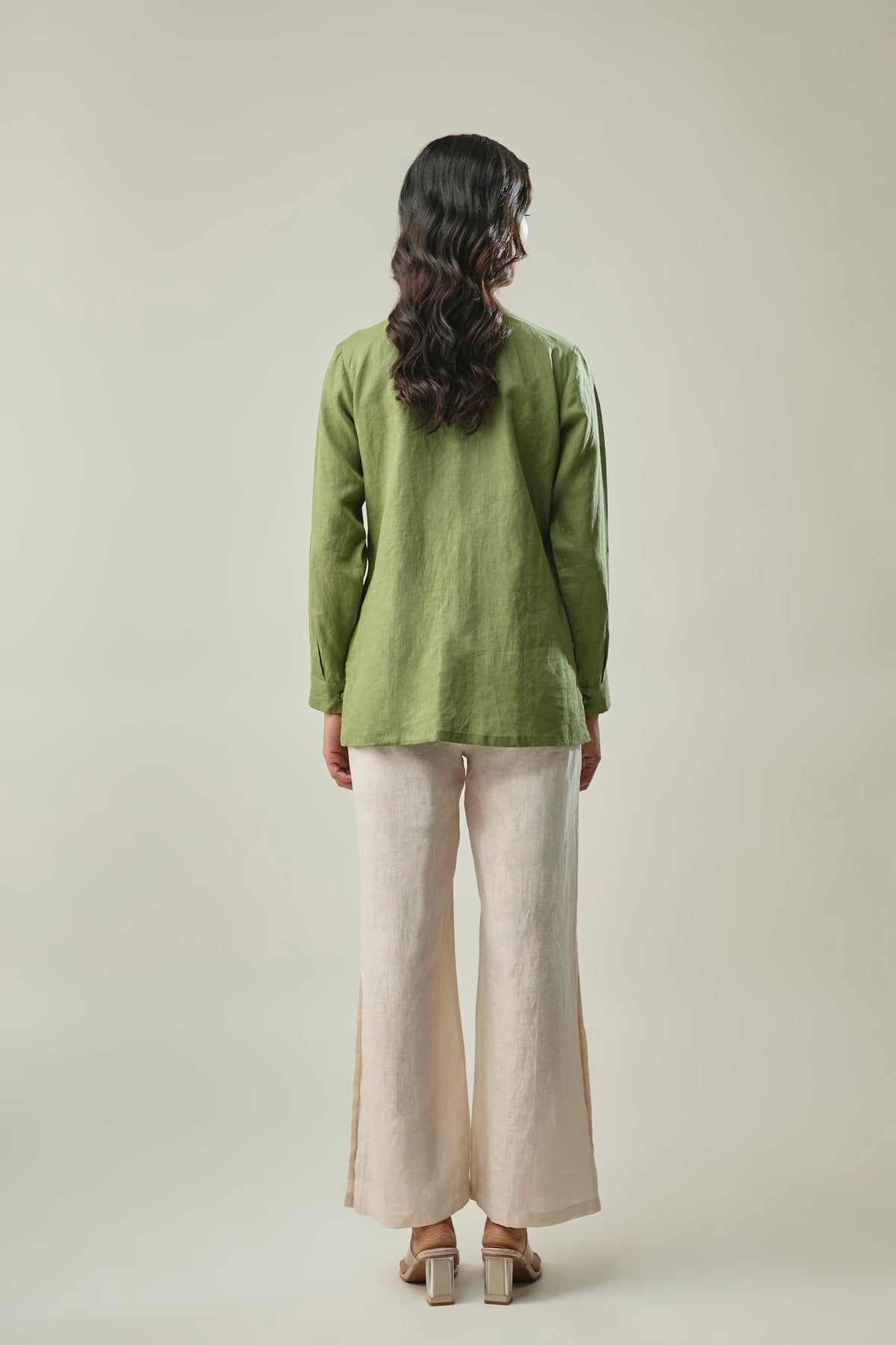 Green and Ivory Pure Linen Co-Ord Set With Handcrafted Coding Embroidery