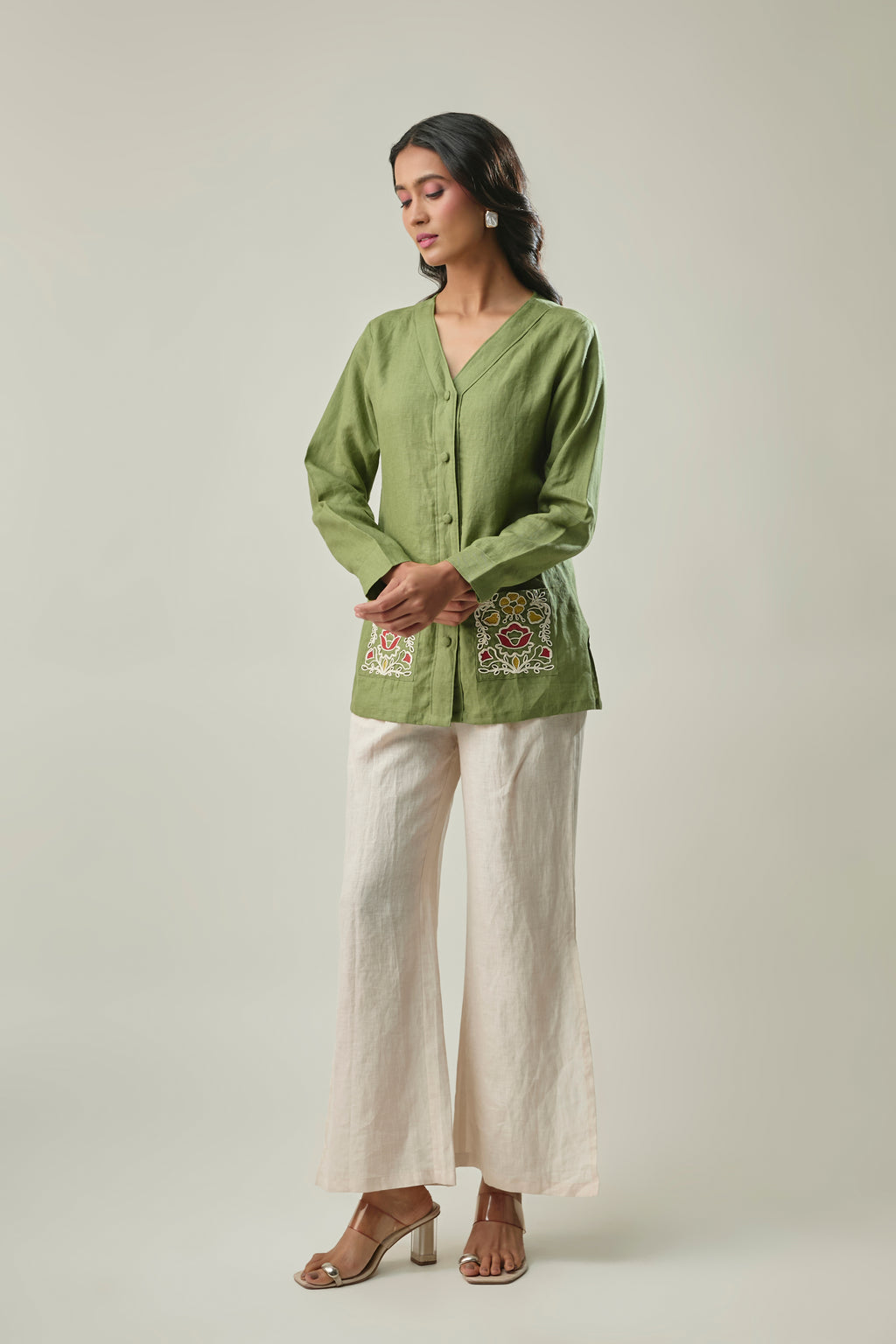 Green & Ivory co-ord set hand-coded pocket embroidery detail