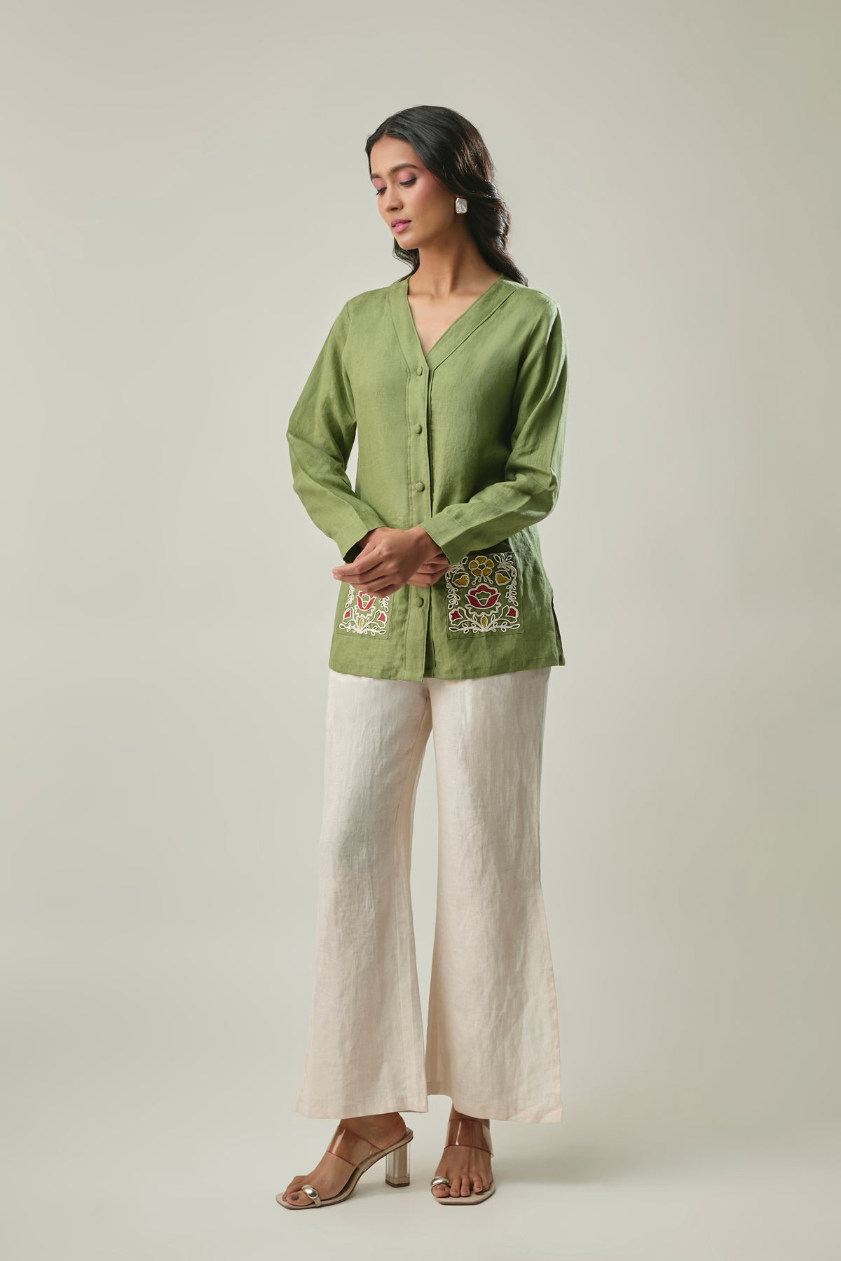 Green and Ivory Pure Linen Co-Ord Set With Handcrafted Coding Embroidery