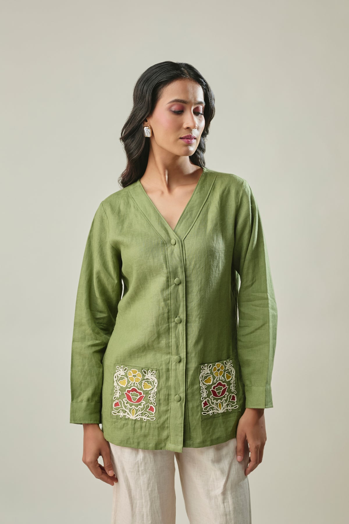 Green & Ivory pure linen co-ord set front view