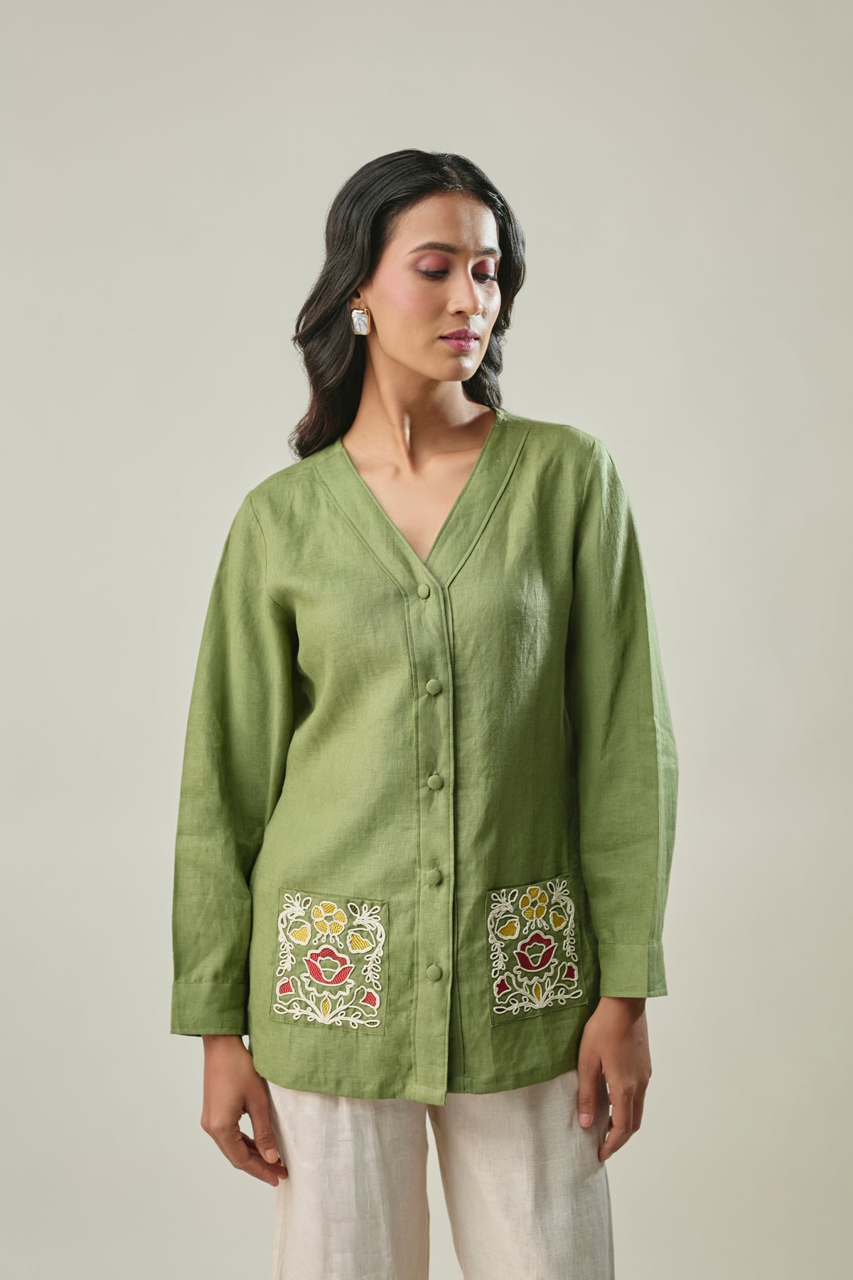 Green and Ivory Pure Linen Co-Ord Set With Handcrafted Coding Embroidery
