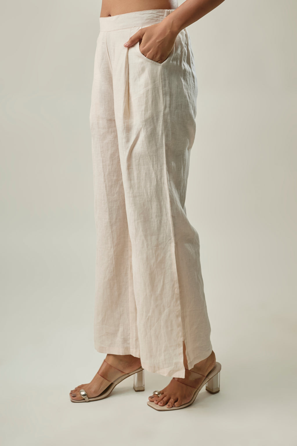 Ivory Pure Linen Co-ord Set with Corded V-Neck Embroidery