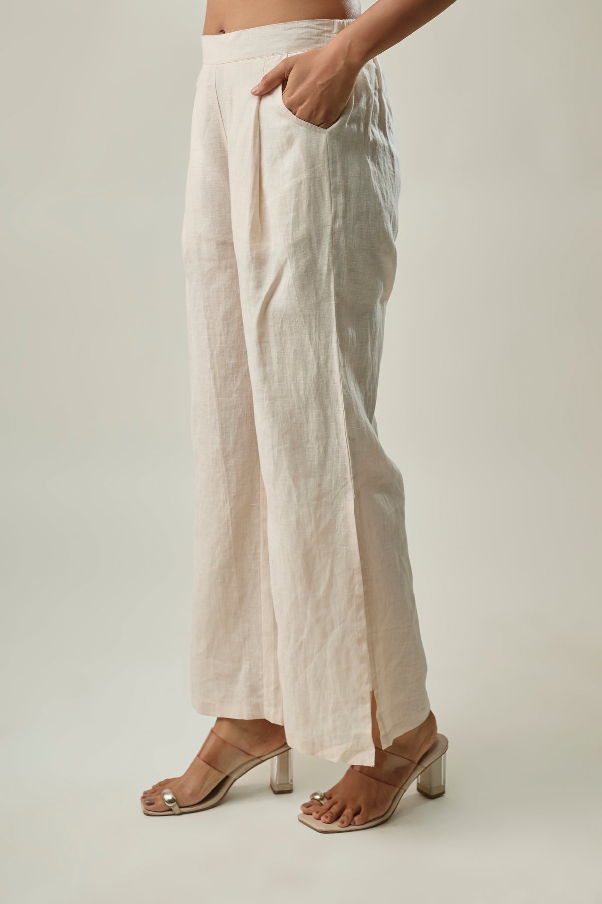 Ivory Pure Linen Co-ord Set with Corded V-Neck Embroidery