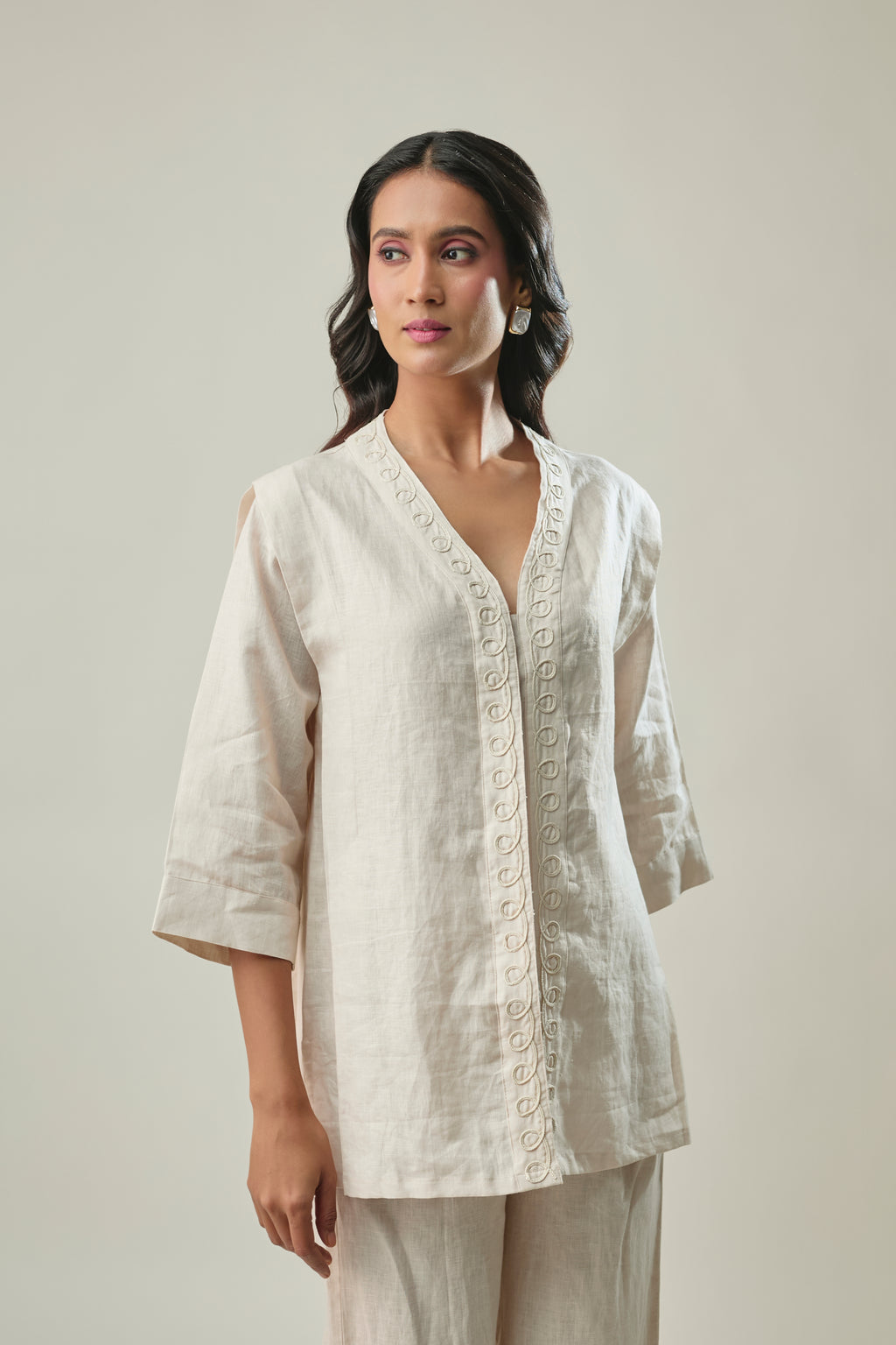  Ivory co-ord set corded V-neck embroidery detail 