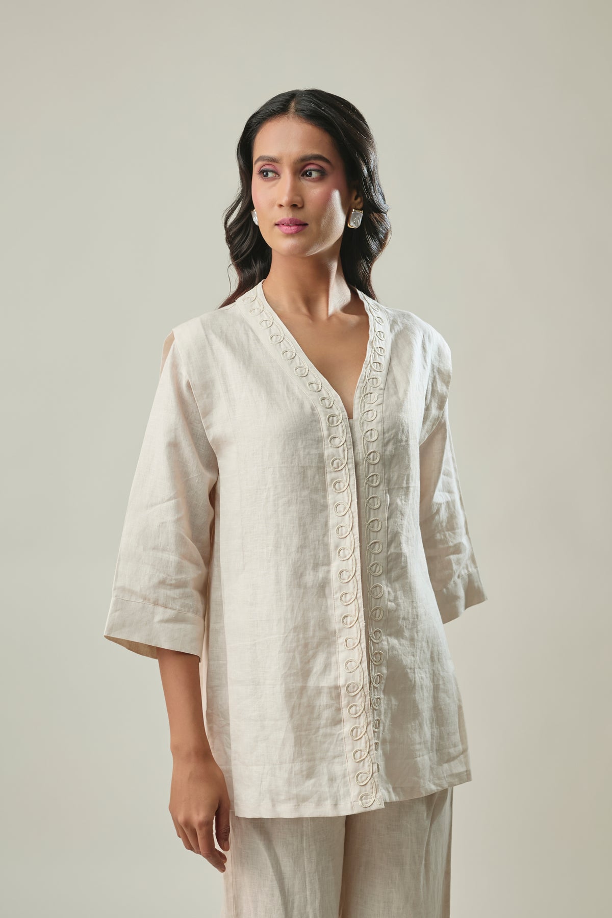  Ivory co-ord set corded V-neck embroidery detail 